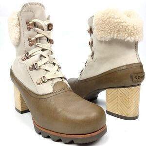NEW Sorel Jayne Lux Waterproof Leather Sherpa Fur Chunky Block Heeled Booties 9